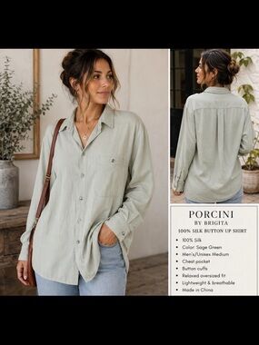 Women's Tan 100% Silk Button-Up Collared Long Sleeve Blouse M Neutral Chic